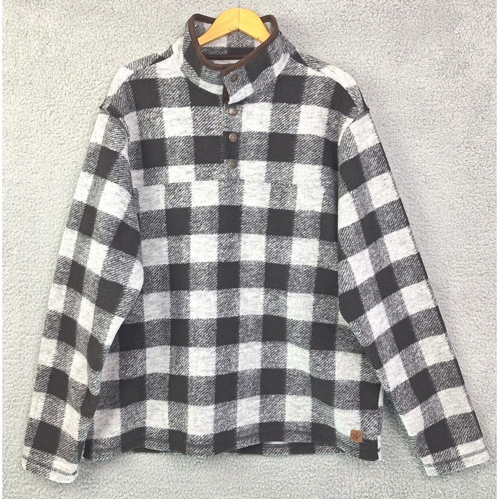 John Wayne Fleece Quarter Button Pullover Mens Large Black Grey Buffalo Plaid